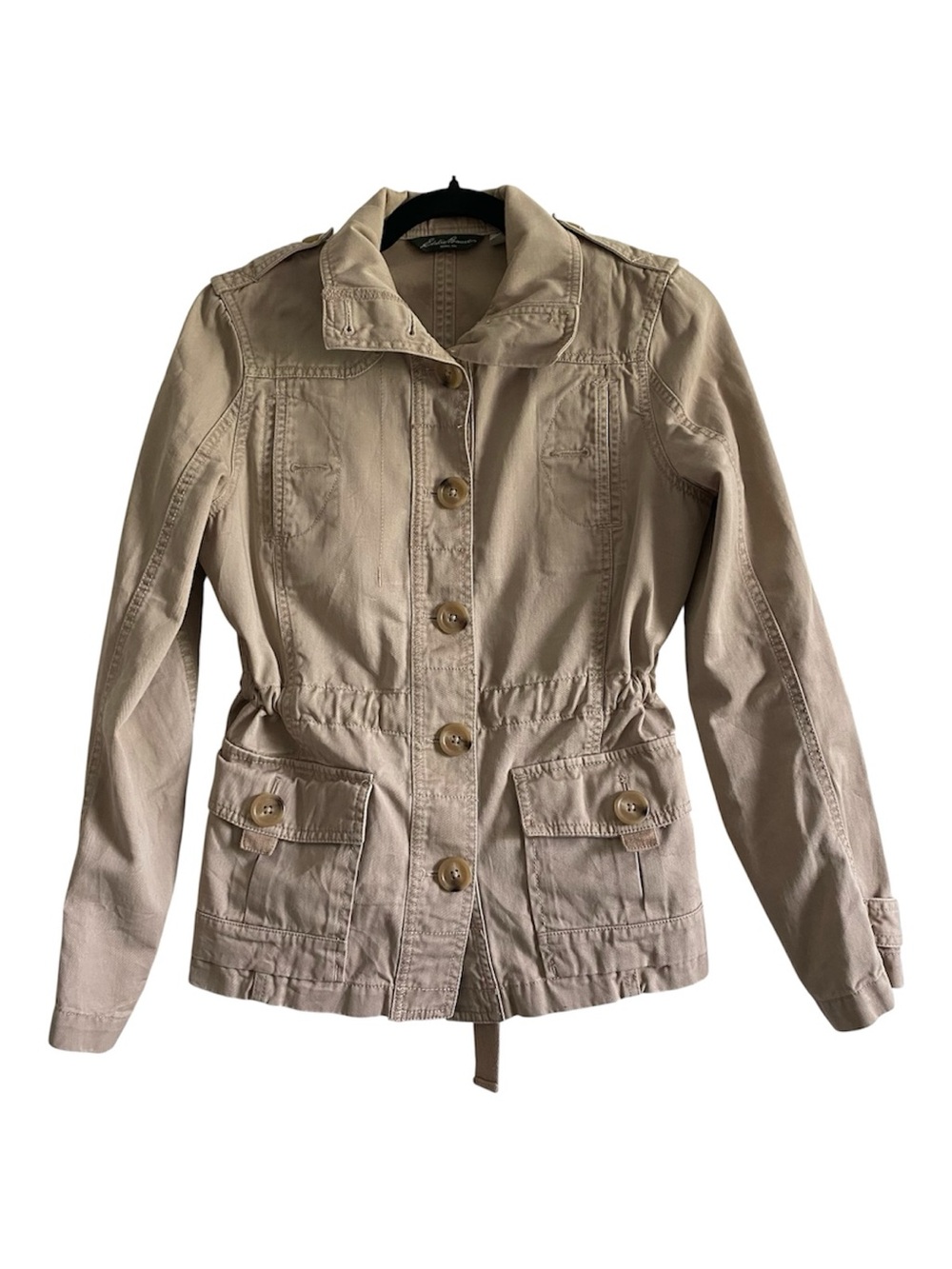 Eddie Bauer Utility Jacket Small Khaki Cotton Cinch Waist Safari Jacket